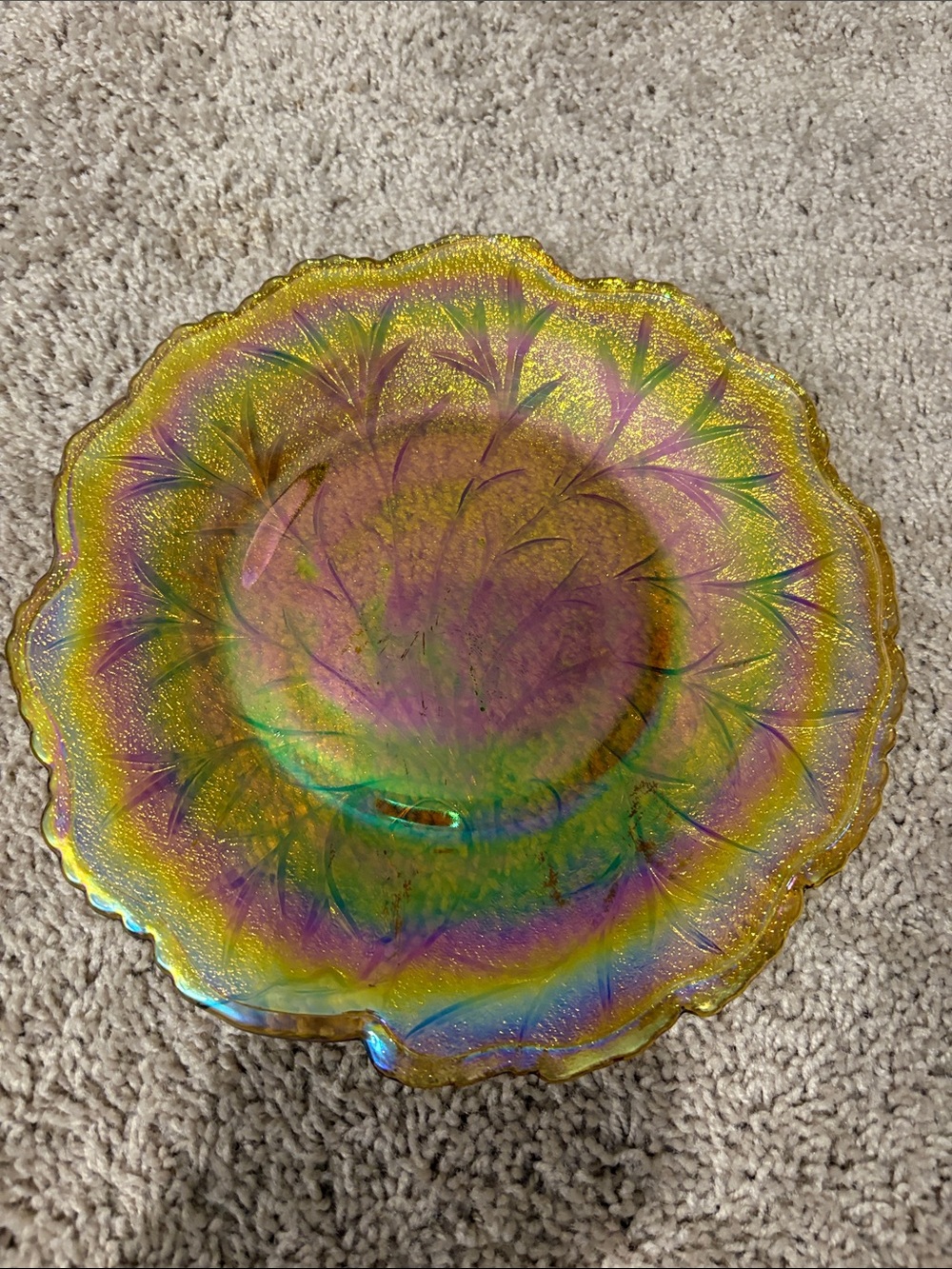 Vintage Indiana glass Carnival Glass Plate - Multicolor Scalloped Edge